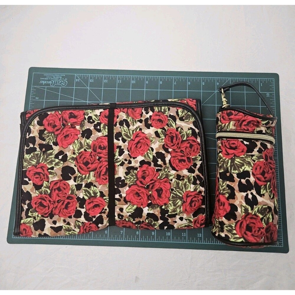 Betsy Johnson Travel Diaper Changing Pad Roses Tri Fold w/ Insulated Bottle Bag